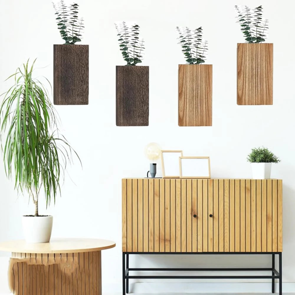 2pcs Wood Wall Planter Farmhouse Wall Plant Pocket Vases with Artificial Eucalyptus Wall Hanging Plant