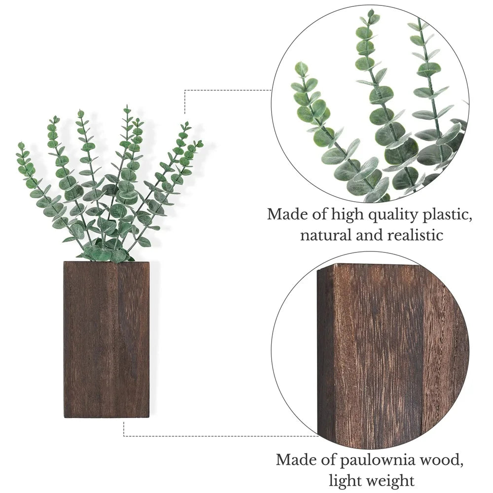 2pcs Wood Wall Planter Farmhouse Wall Plant Pocket Vases with Artificial Eucalyptus Wall Hanging Plant