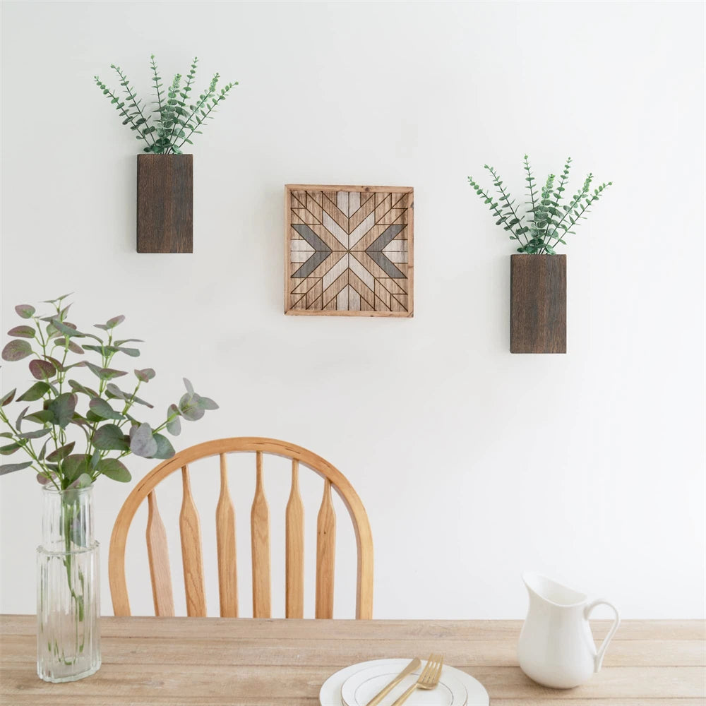 2pcs Wood Wall Planter Farmhouse Wall Plant Pocket Vases with Artificial Eucalyptus Wall Hanging Plant