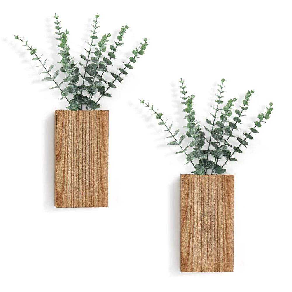 2pcs Wood Wall Planter Farmhouse Wall Plant Pocket Vases with Artificial Eucalyptus Wall Hanging Plant