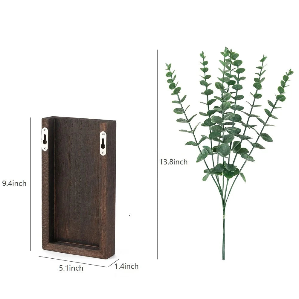 2pcs Wood Wall Planter Farmhouse Wall Plant Pocket Vases with Artificial Eucalyptus Wall Hanging Plant