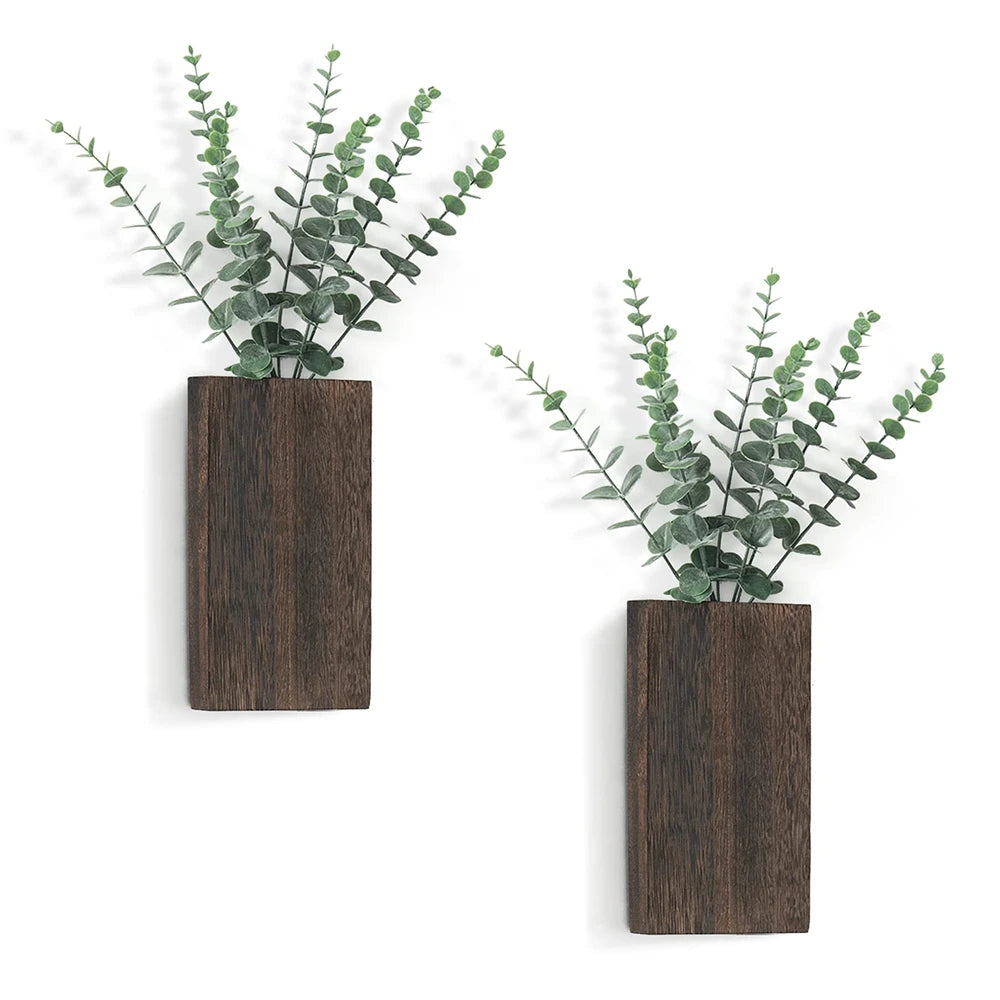 2pcs Wood Wall Planter Farmhouse Wall Plant Pocket Vases with Artificial Eucalyptus Wall Hanging Plant