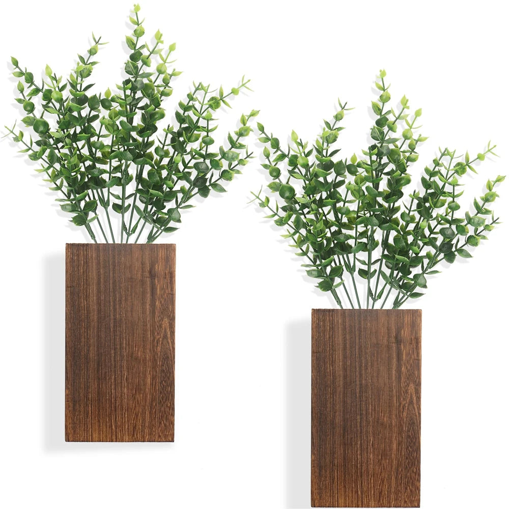 2pcs Wood Wall Planter Farmhouse Wall Plant Pocket Vases with Artificial Eucalyptus Wall Hanging Plant