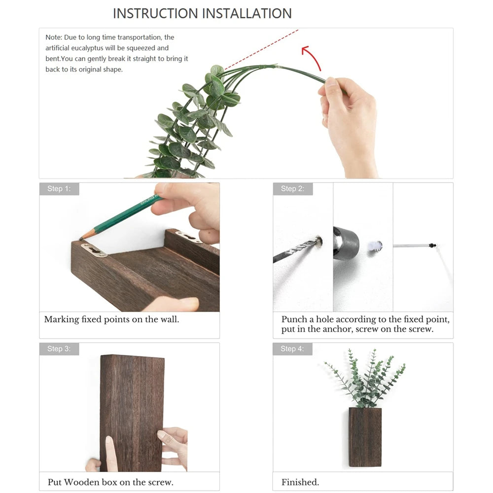2pcs Wood Wall Planter Farmhouse Wall Plant Pocket Vases with Artificial Eucalyptus Wall Hanging Plant